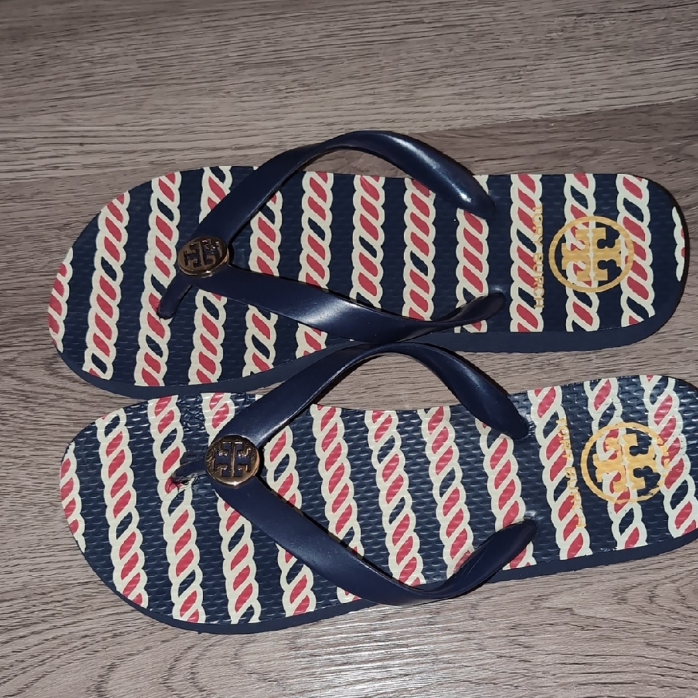 Tory Burch Navy and Red Rope Pattern Sandals